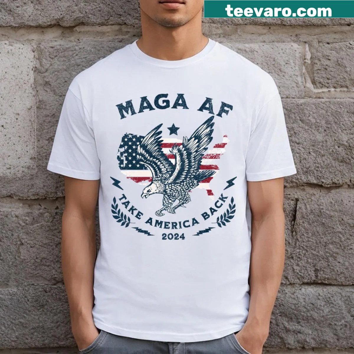 Political slogan T-shirt featuring MAGA movement phrase — on a men's t-shirt