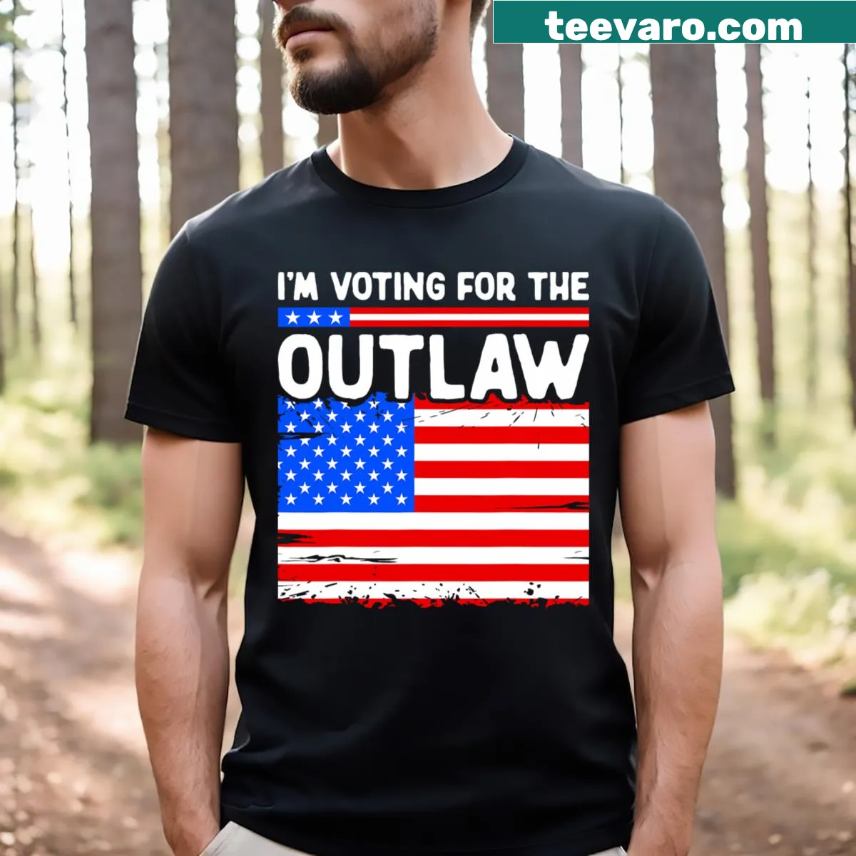 Vintage-style shirt with American flag and 'I'm Voting For The Outlaw' text — on a men's t-shirt