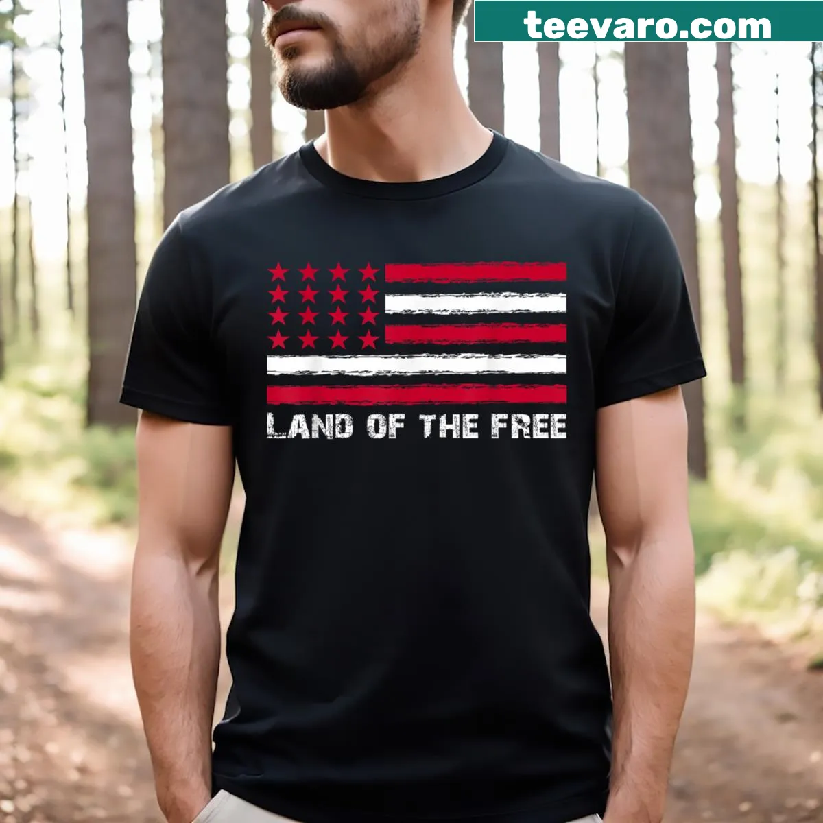 Vintage-style tee with American flag and 'Land Of The Free' text — on a men's t-shirt