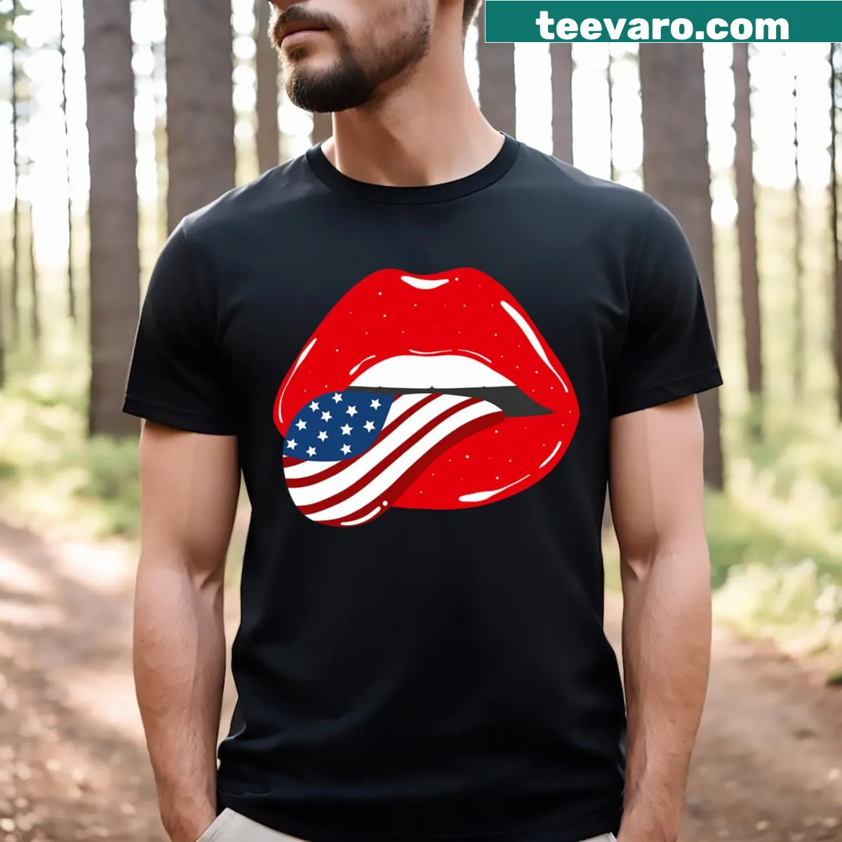 T-shirt with playful tongue and American flag design. — on a men's t-shirt