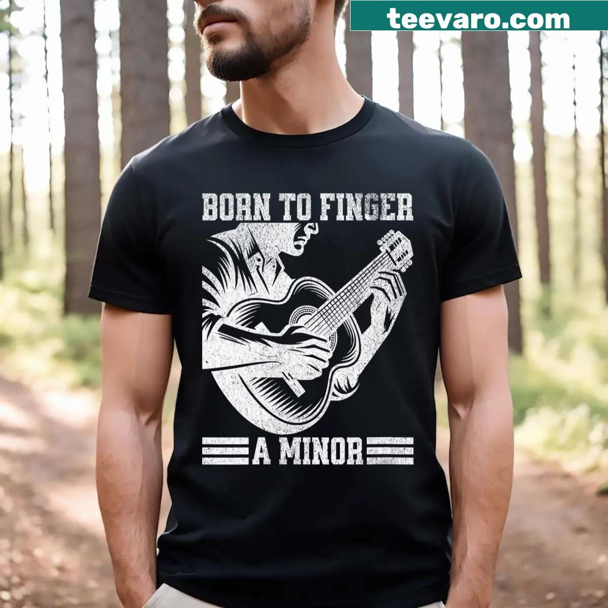 Retro music teacher t-shirt with guitar graphic and playful text — on a men's t-shirt