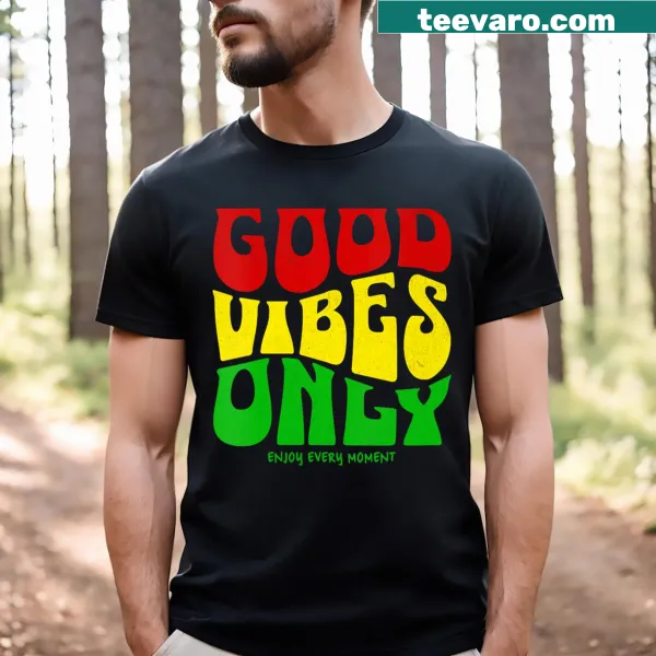 V-neck T-shirt with 'Good Vibes Only' text inspired by reggae culture.