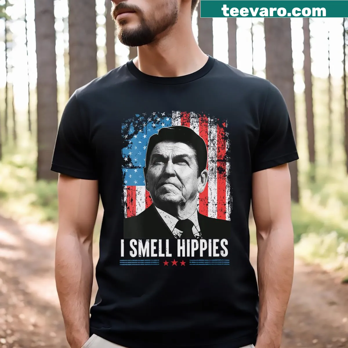Retro patriotic T-shirt with American flag and hippie text — on a men's t-shirt