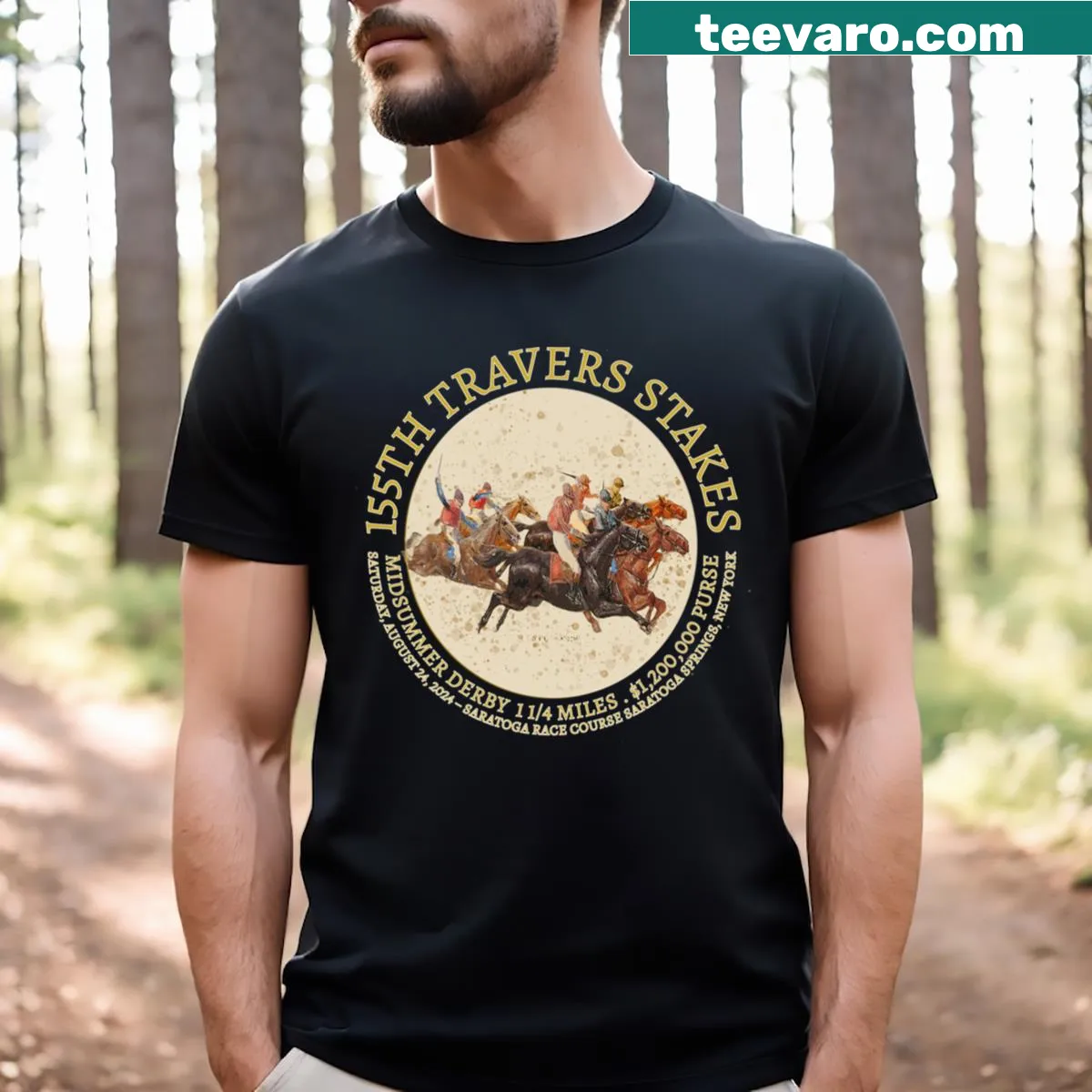 Illustrative t-shirt celebrating the 155th Travers Stakes horse racing — on a men's t-shirt