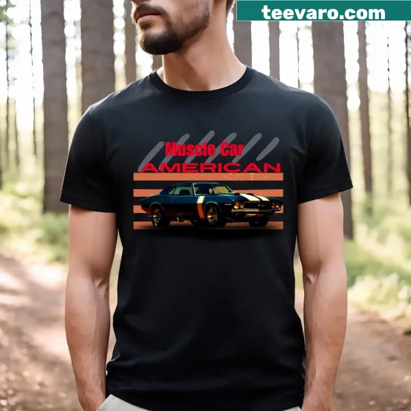 T-shirt featuring an illustration of an American muscle sports car.