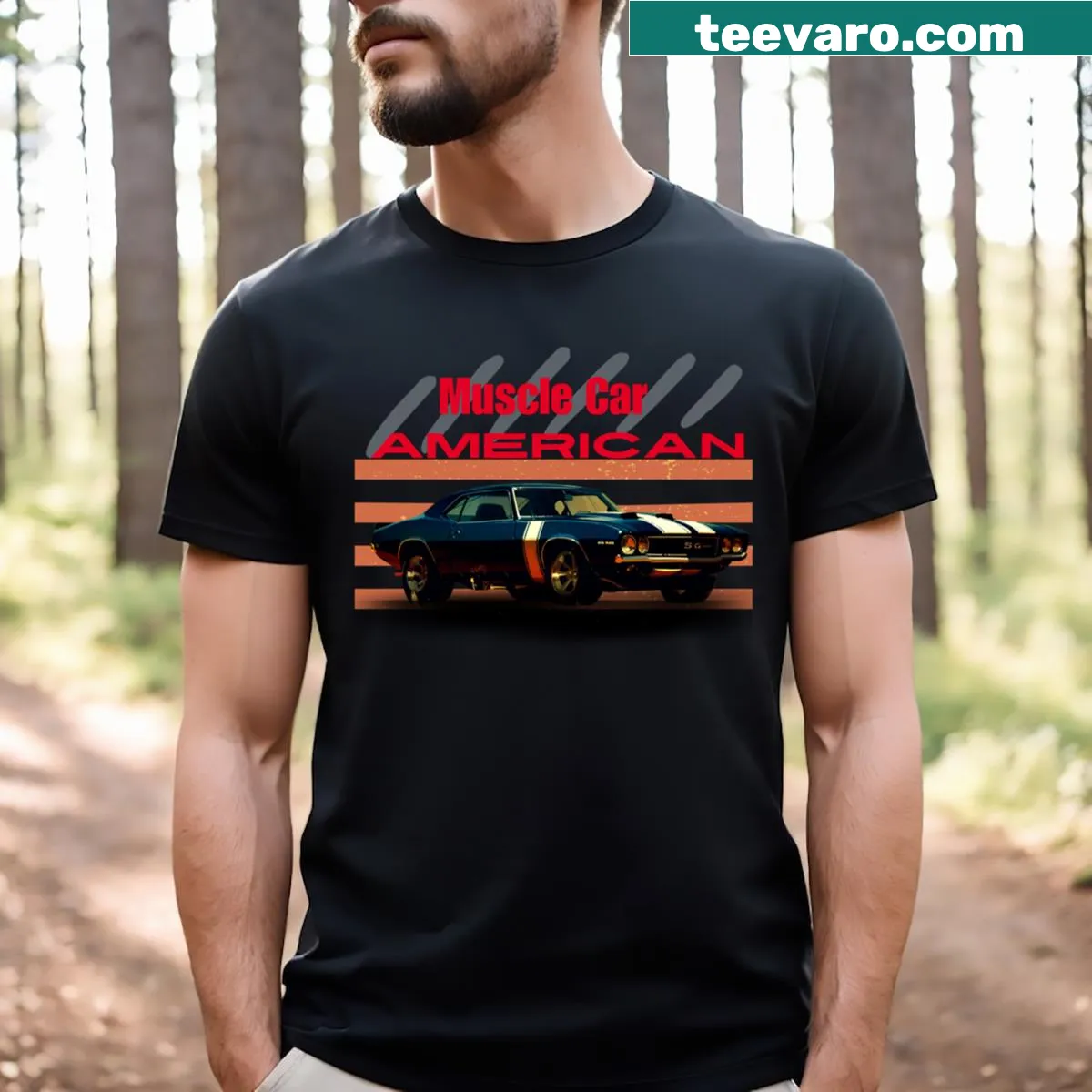 T-shirt featuring an illustration of an American muscle sports car. — on a men's t-shirt
