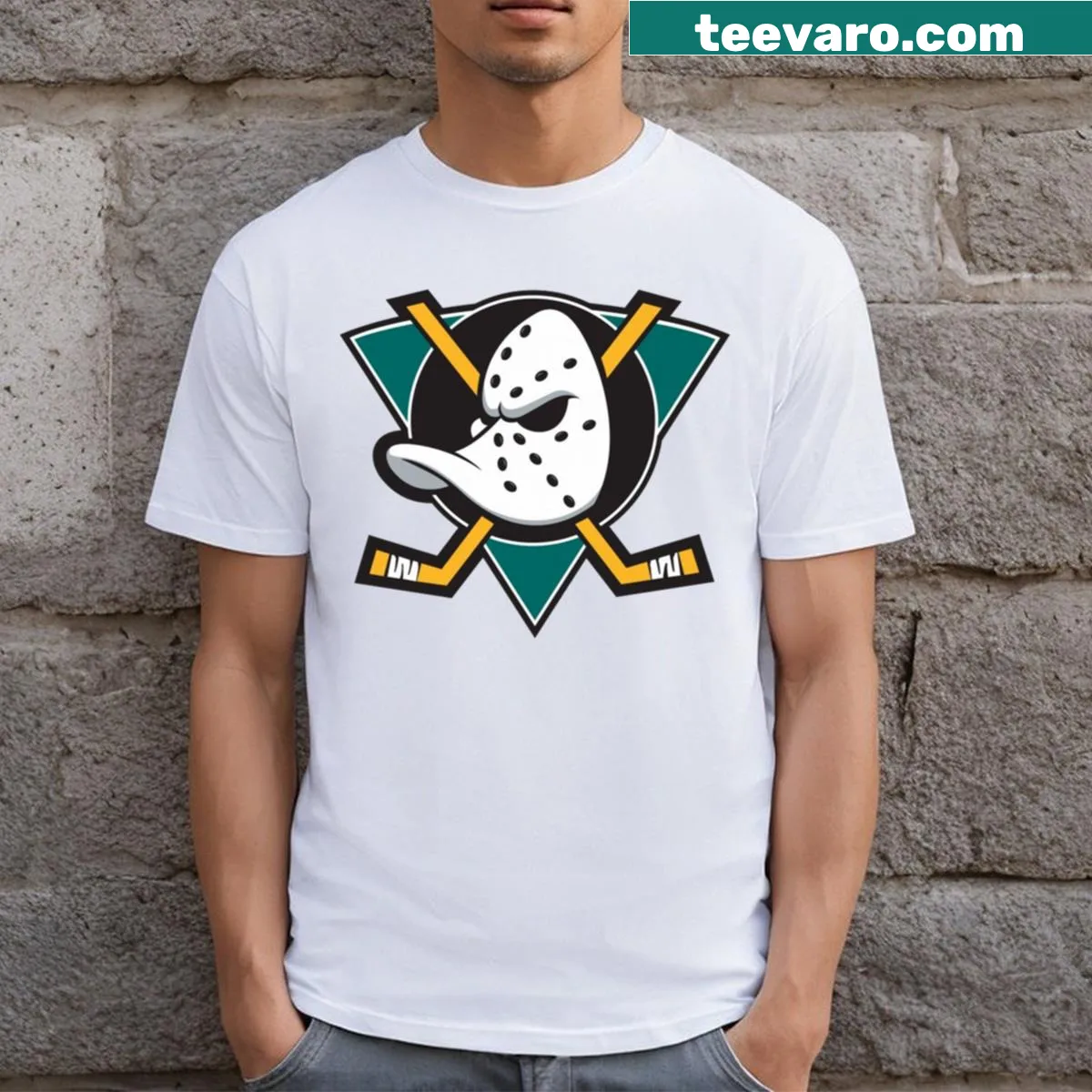 T-shirt featuring the Anaheim Ducks team name in bold letters. — on a men's t-shirt
