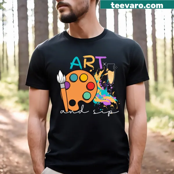 Funny wine drinking art-themed t-shirt with rainbow painting