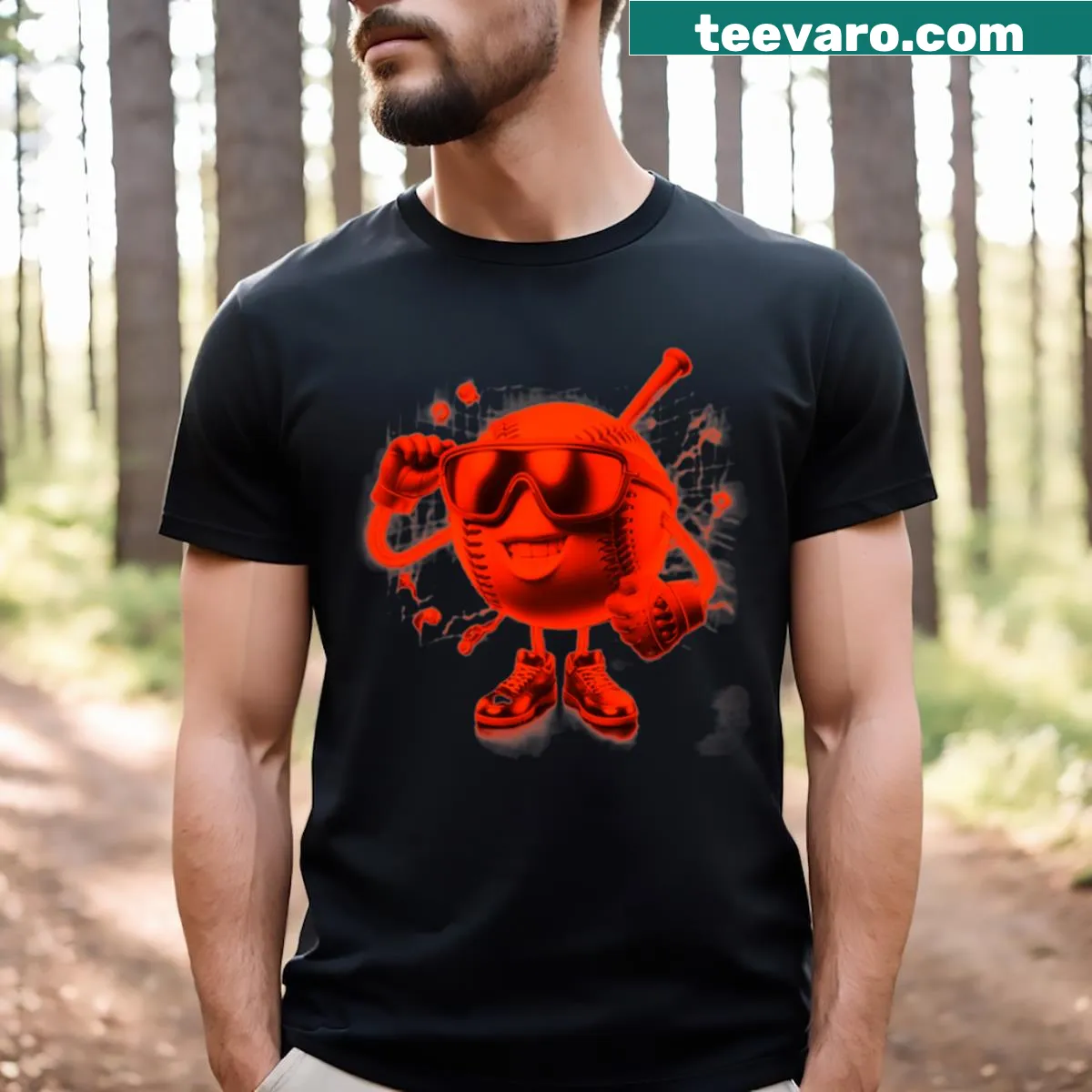 T-shirt featuring a red baseball sunglasses emoji graphic — on a men's t-shirt