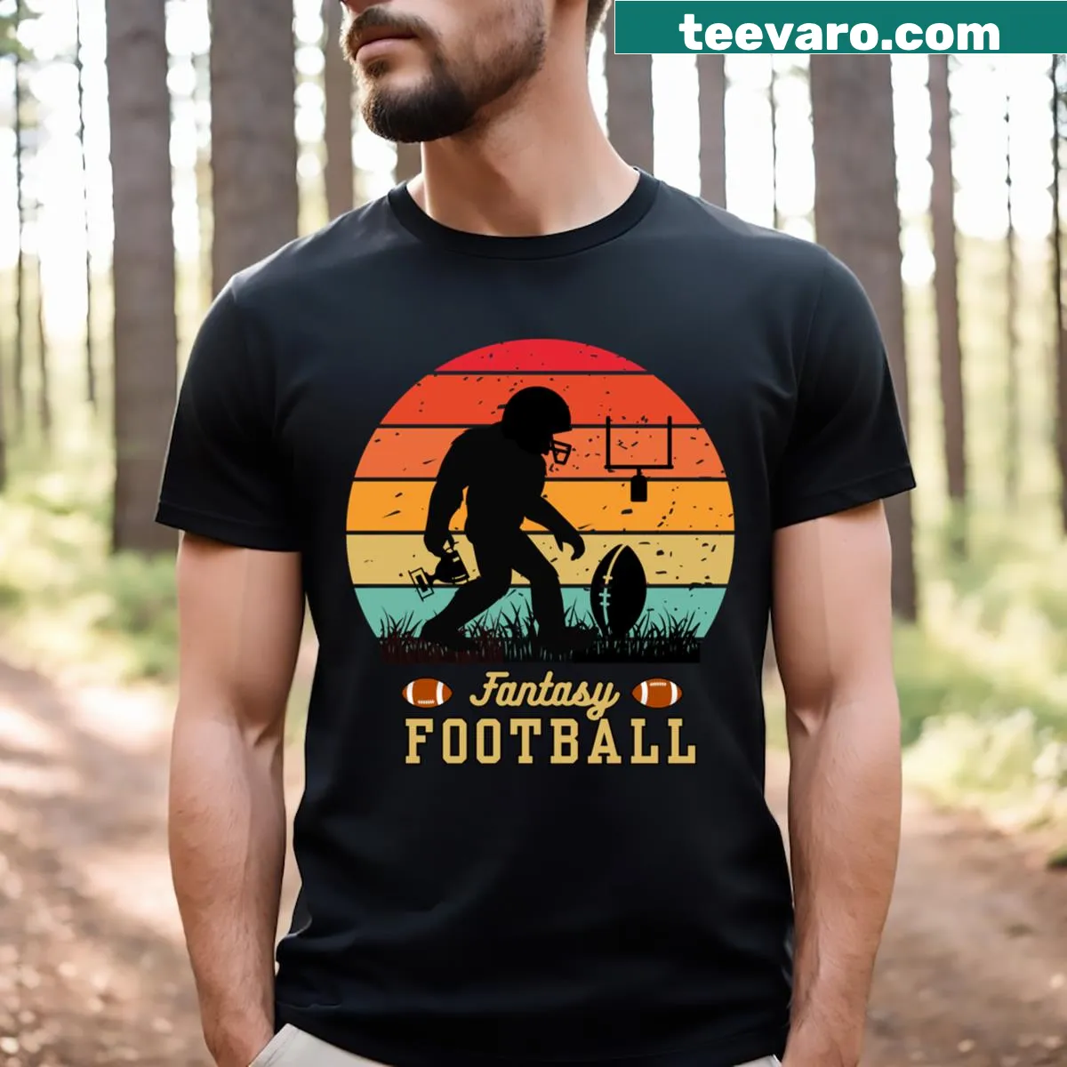 Bigfoot holding a championship trophy in a funny fantasy football design — on a men's t-shirt