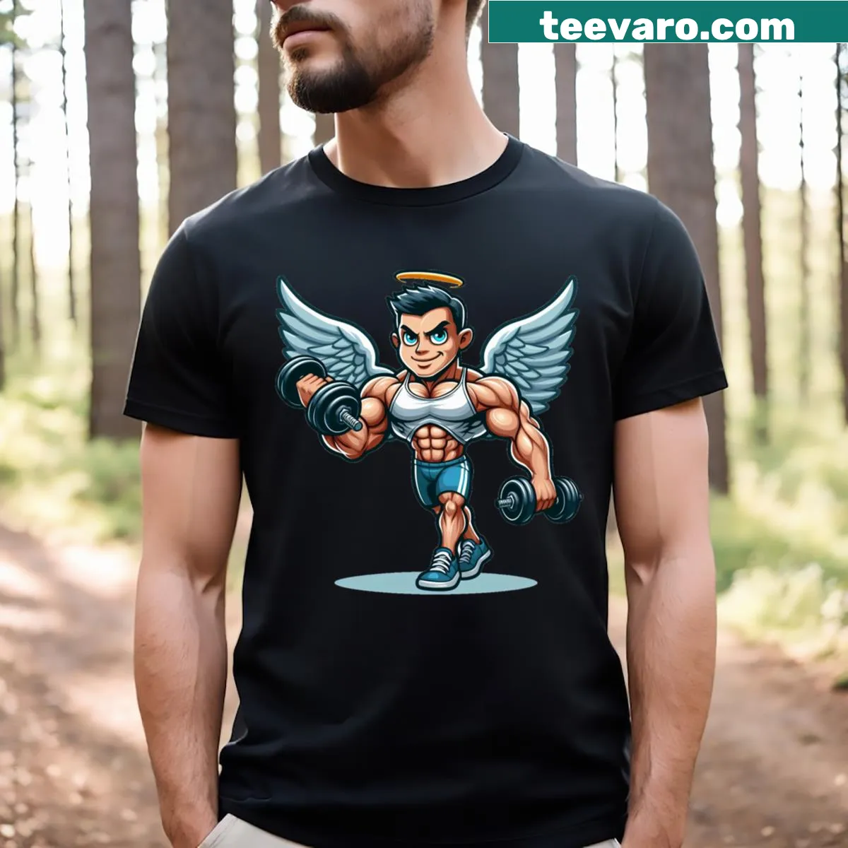 Cartoon angel lifting weights on a humorous bodybuilding t-shirt — on a men's t-shirt