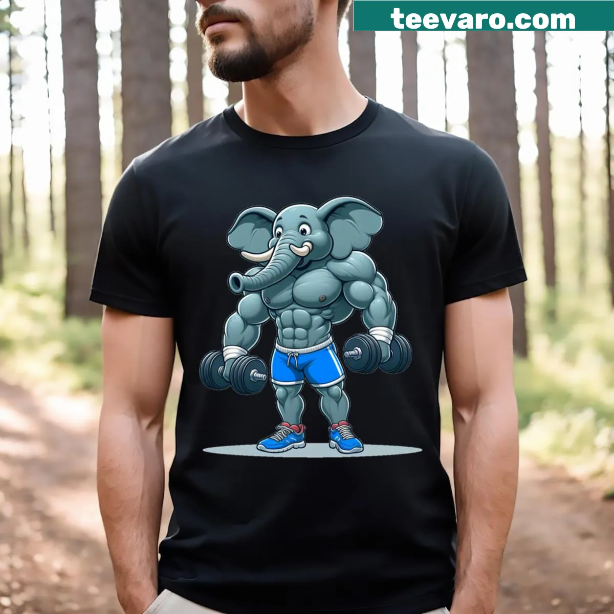 Funny t-shirt with an illustration of a muscular elephant lifting weights — on a men's t-shirt
