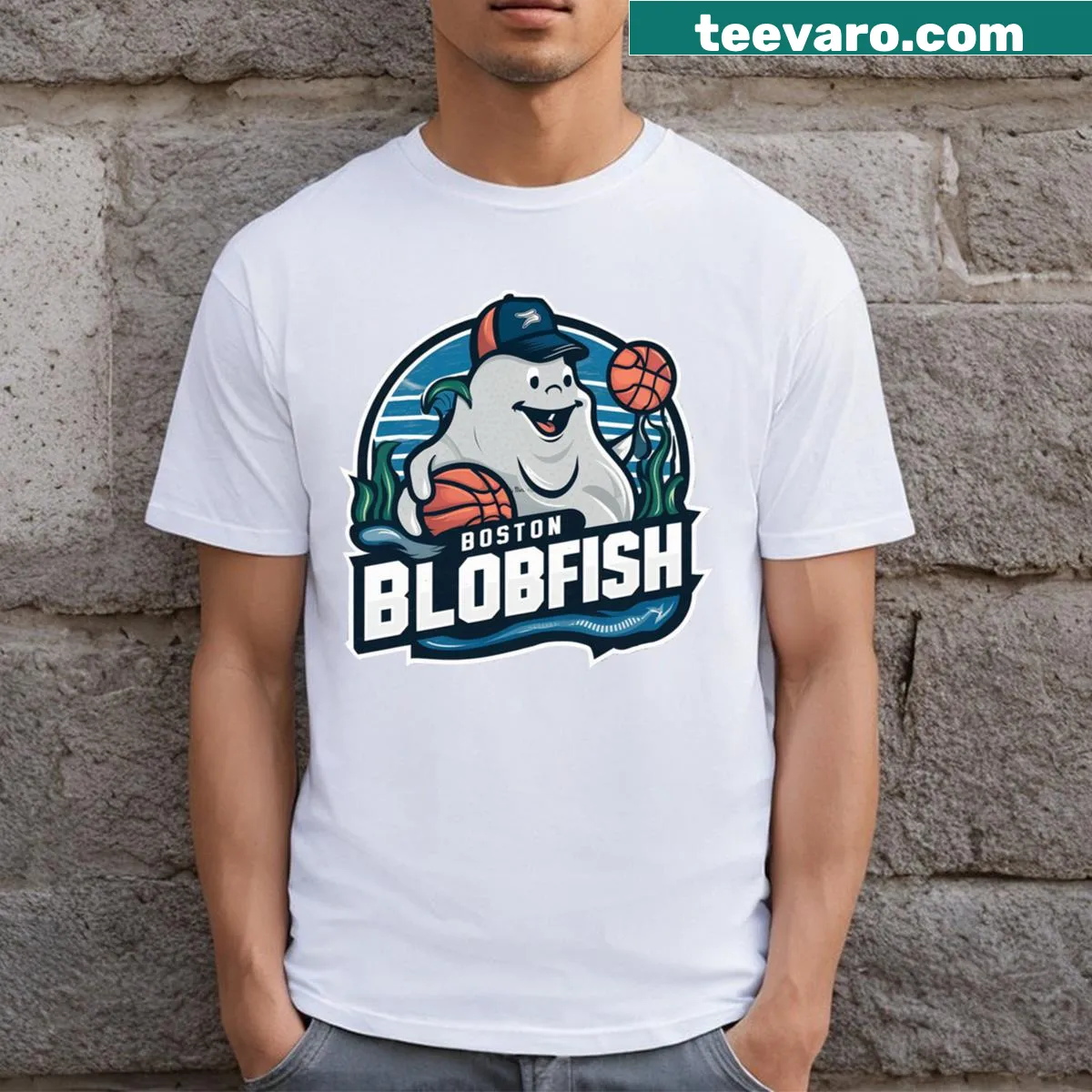Cartoon blobfish mascot design on a humorous Boston t-shirt — on a men's t-shirt