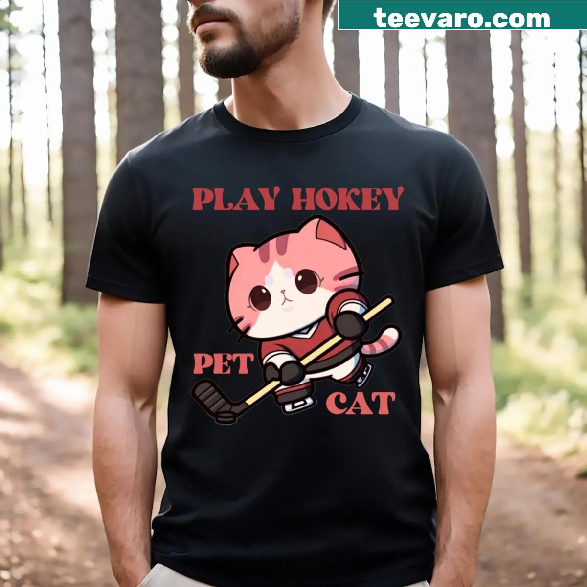 Illustration of a cat playing hockey on a fun t-shirt — on a men's t-shirt