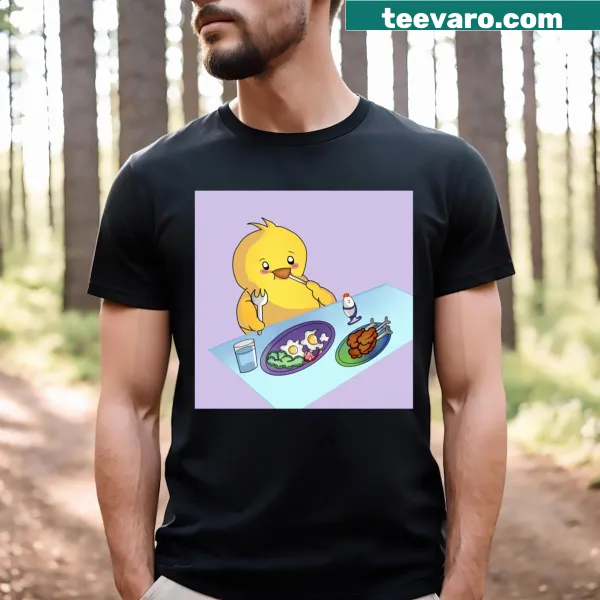 Chibi kawaii style chick eating and drinking on a t-shirt