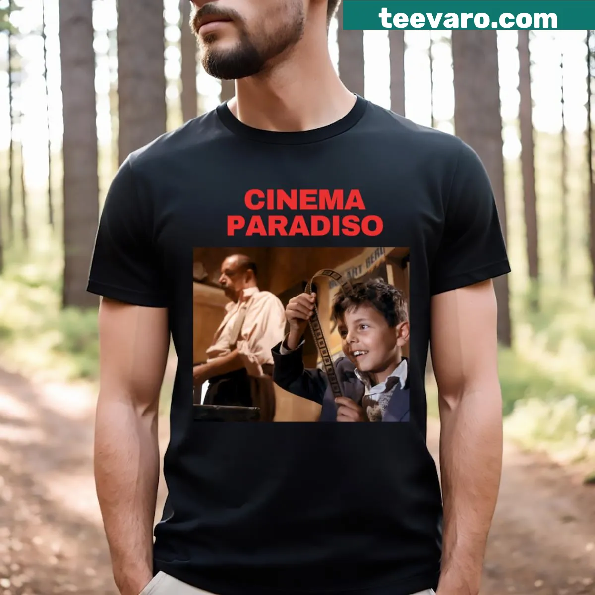 Typographic design T-shirt inspired by Cinema Paradiso — on a men's t-shirt
