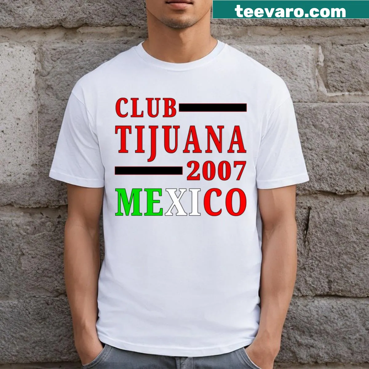 Badge emblem t-shirt featuring Club Tijuana soccer team — on a men's t-shirt