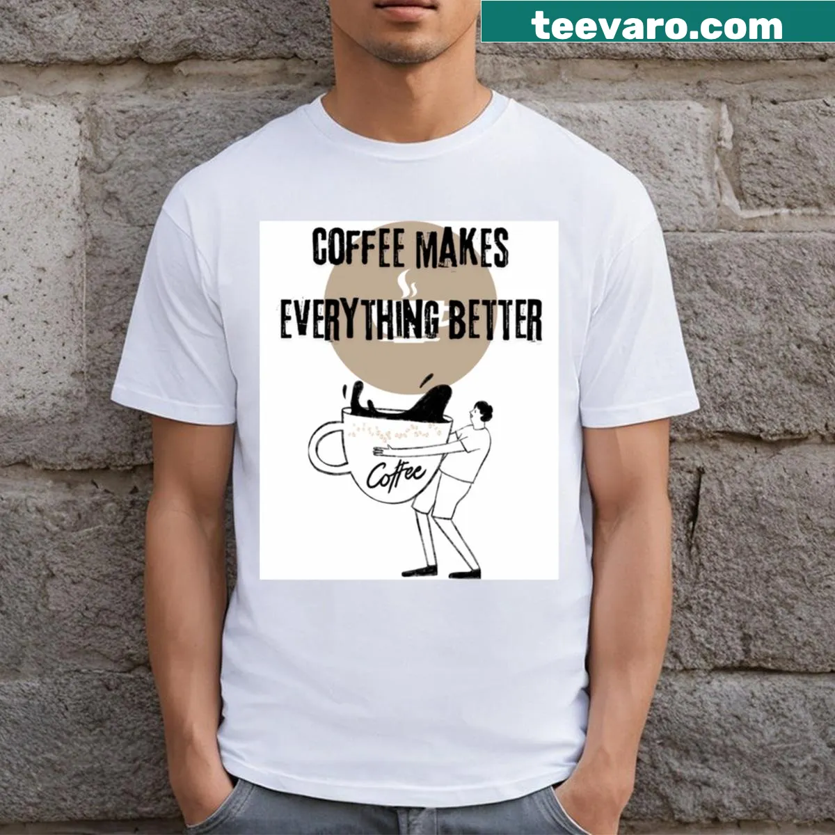 Text design celebrating coffee on a casual t-shirt — on a men's t-shirt