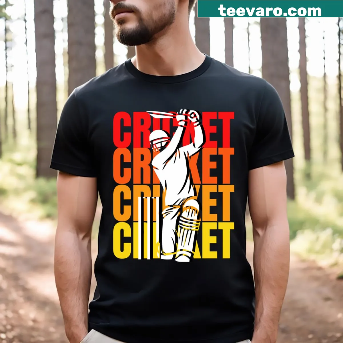 Funny cricket-themed shirt with repeated text design — on a men's t-shirt
