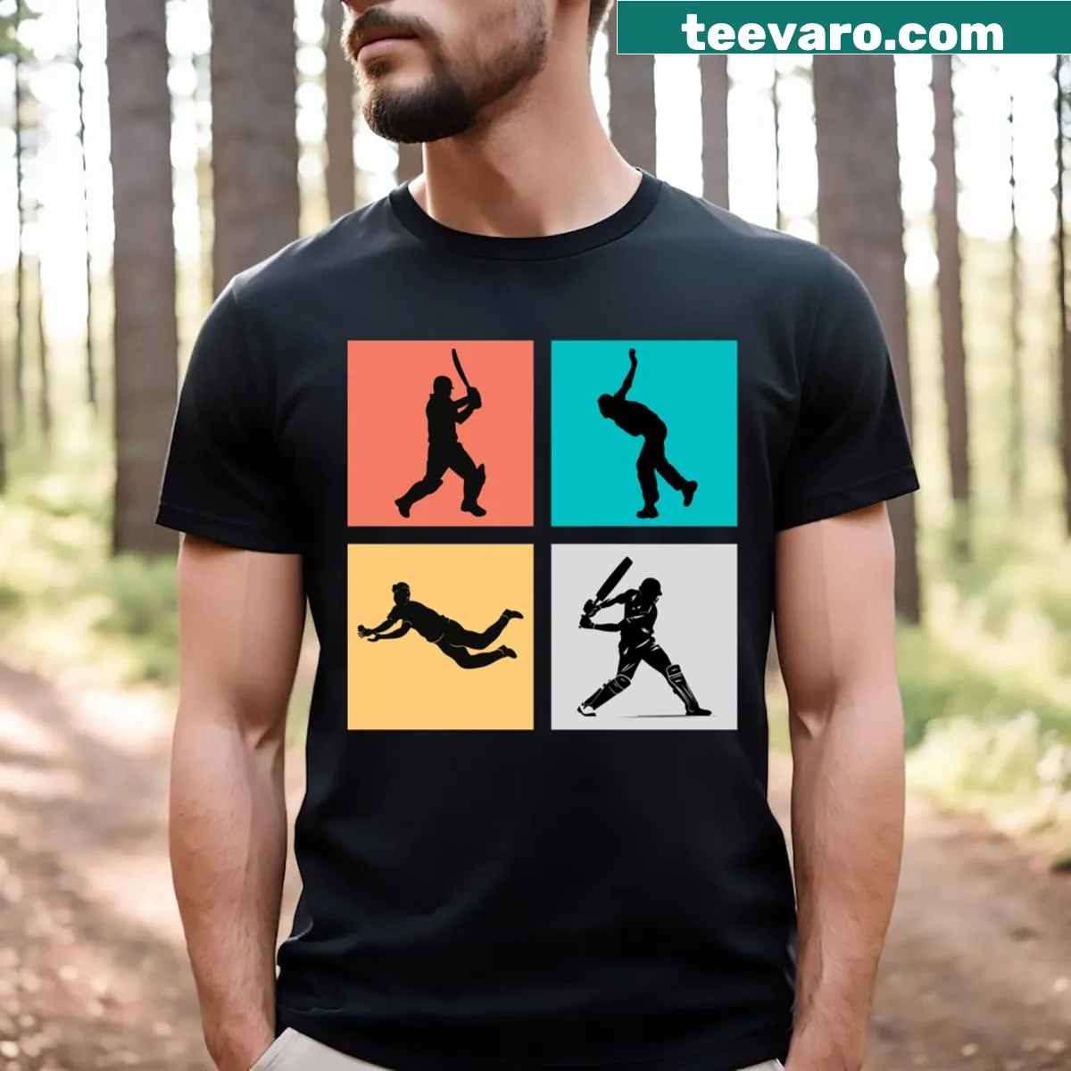 Illustration of cricketers in colorful squares on a T-shirt. — on a men's t-shirt