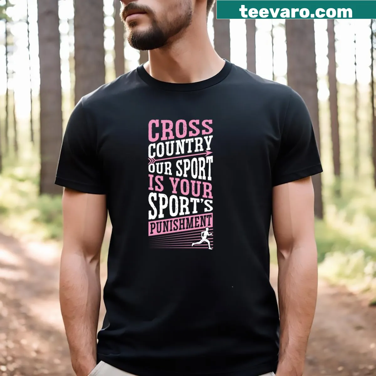 Funny cross country shirt with humorous text about the sport — on a men's t-shirt