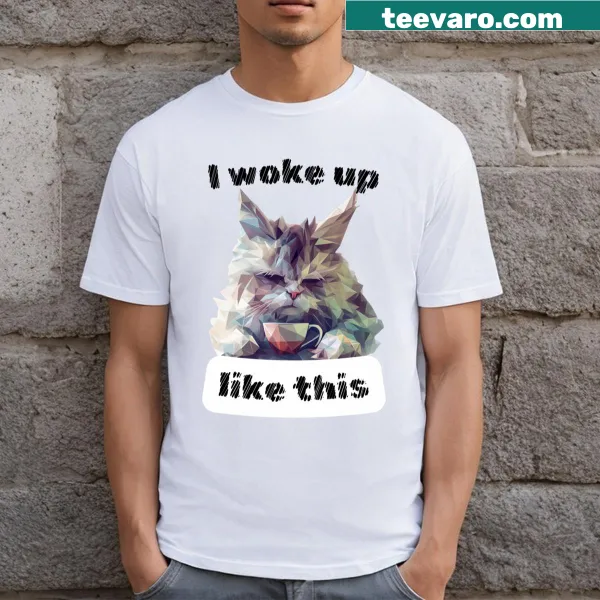 Polygonal cat drinking tea on a cute t-shirt