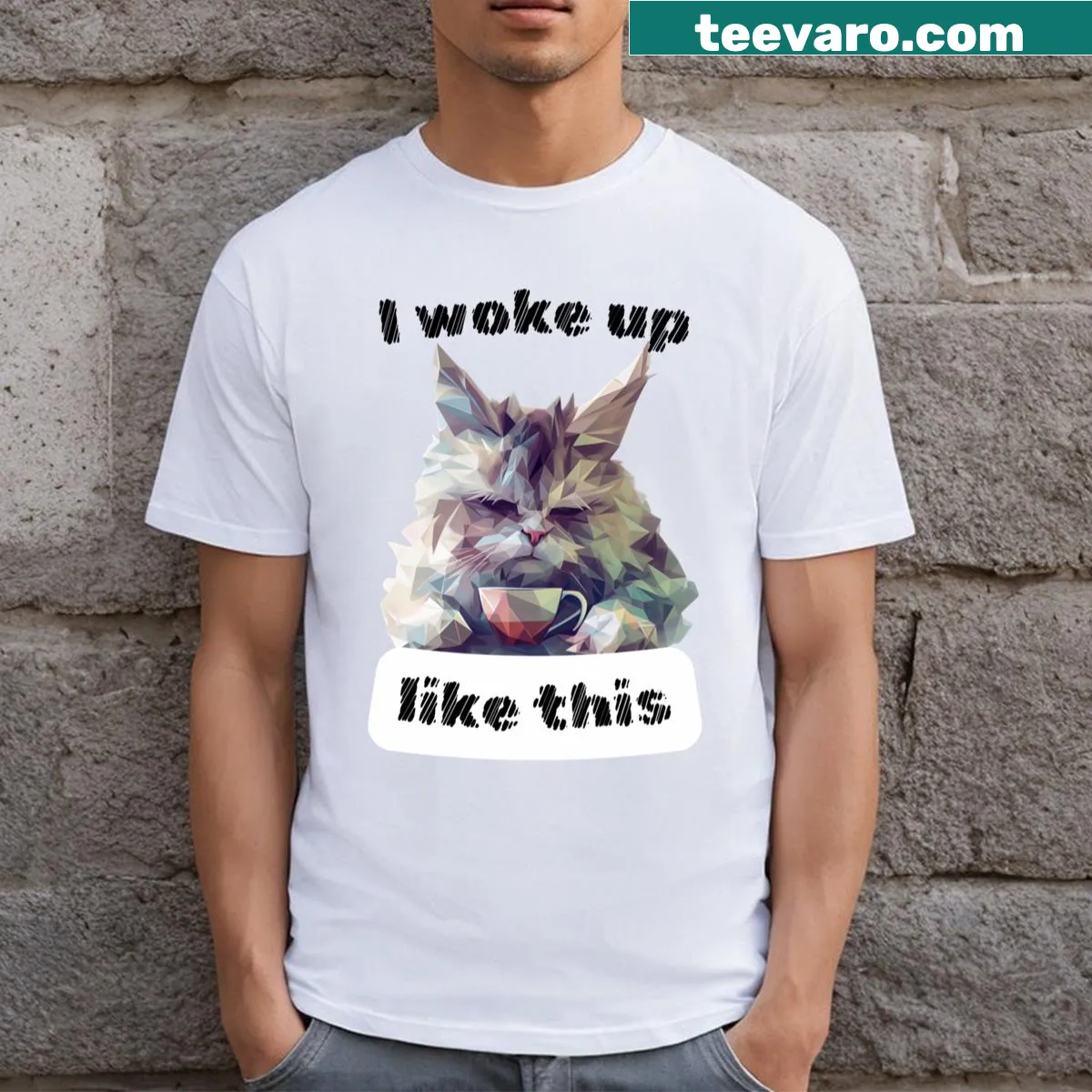 Polygonal cat drinking tea on a cute t-shirt — on a men's t-shirt
