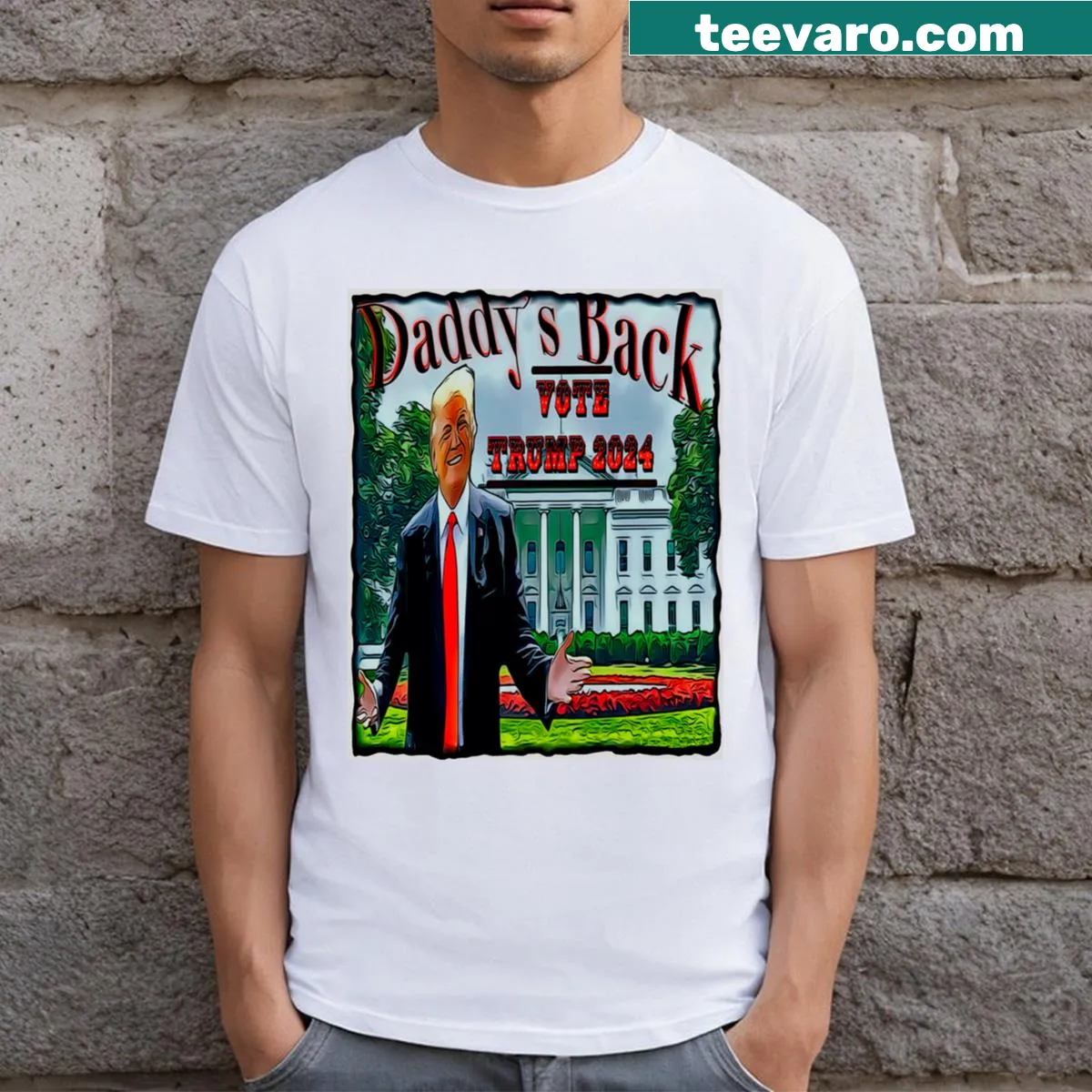 Daddy's Back Vote Trump 24 T-shirt with bold typography — on a men's t-shirt