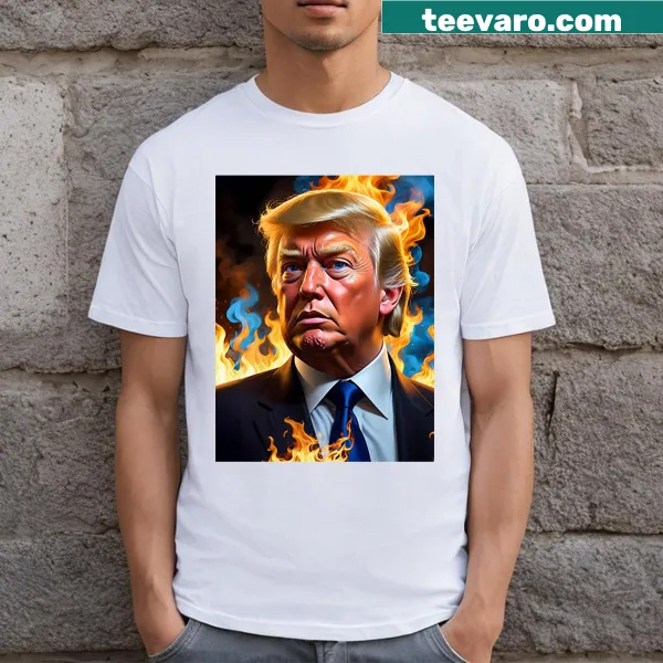 T-shirt with a humorous illustration of Donald Trump surrounded by fire