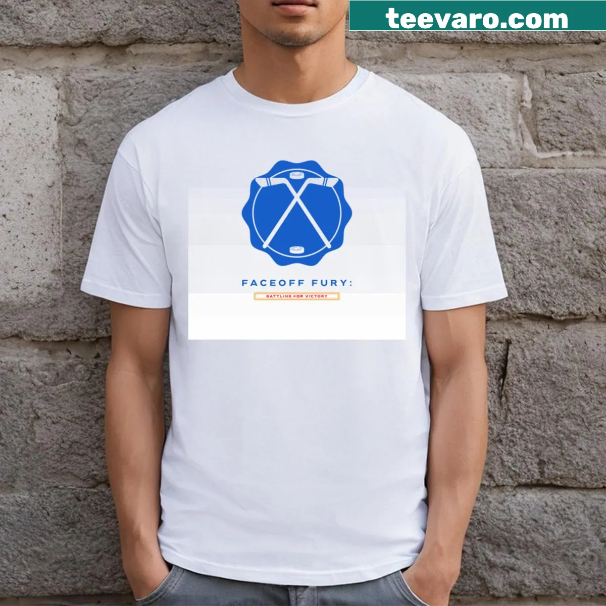 Hockey themed t-shirt with battle and victory graphic — on a men's t-shirt
