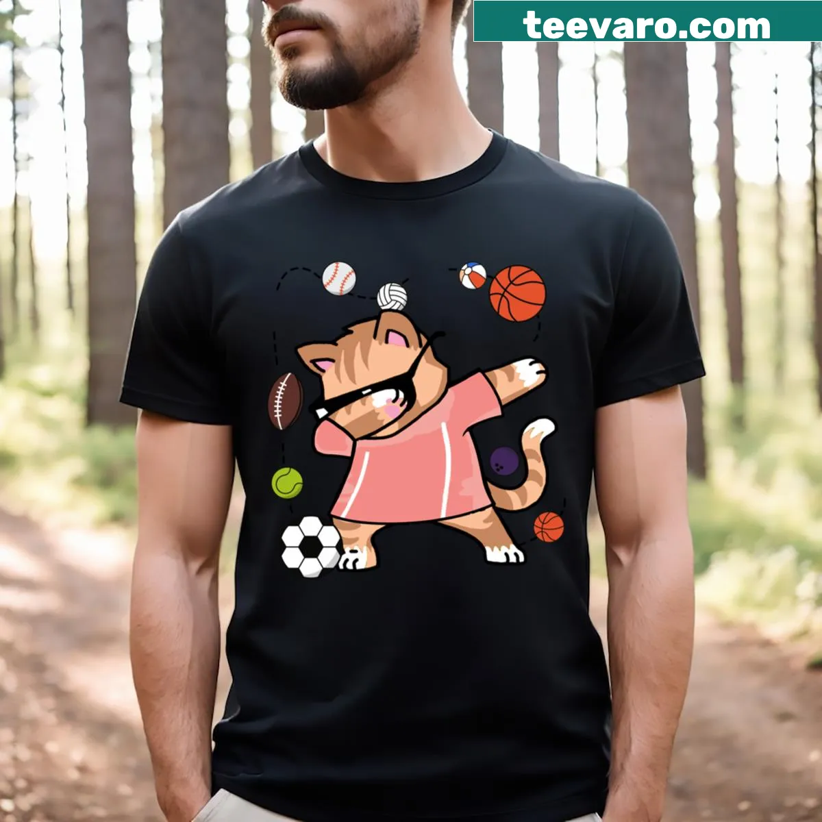 Illustration of a sports cat on a football themed t-shirt — on a men's t-shirt