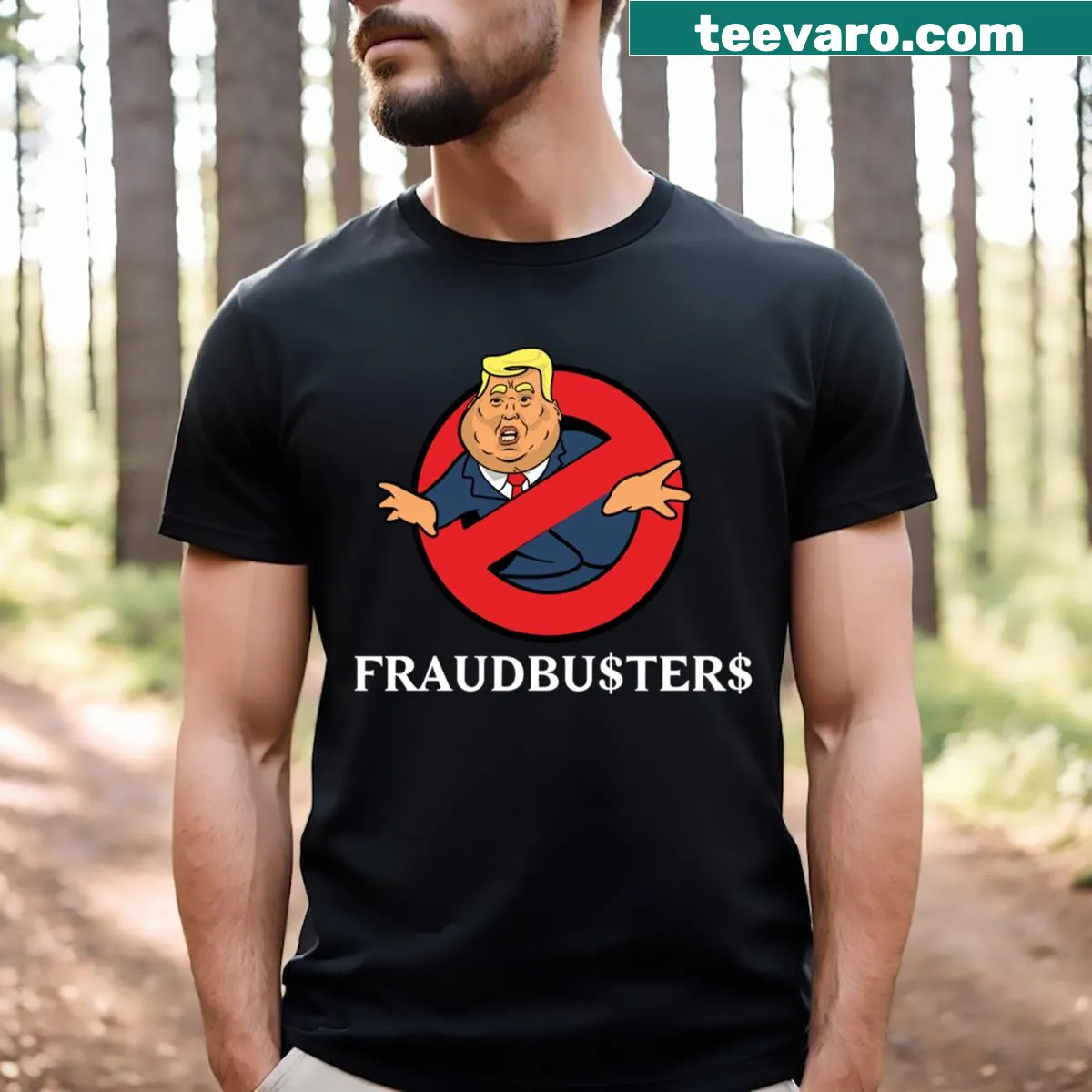 Satirical Fraud Busters graphic t-shirt — on a men's t-shirt