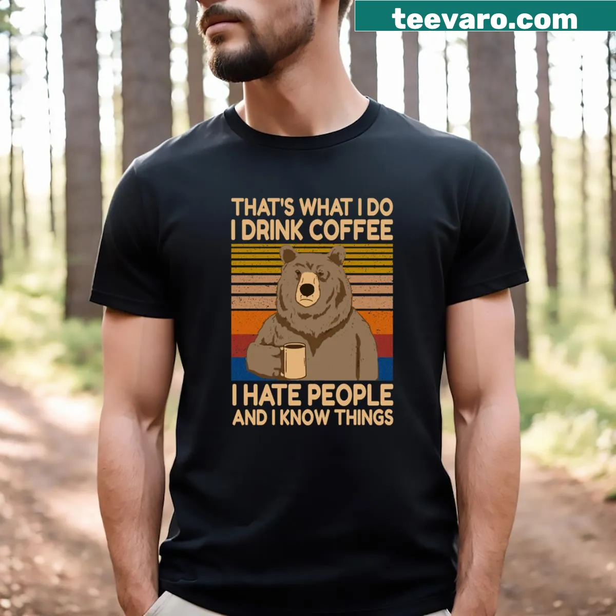 Humorous t-shirt featuring a grumpy bear and funny coffee quote. — on a men's t-shirt