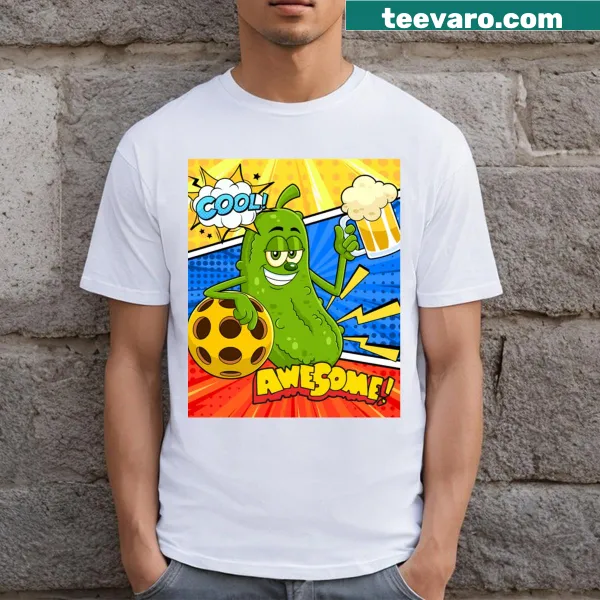 Cartoon-style t-shirt featuring a funny pickleball player