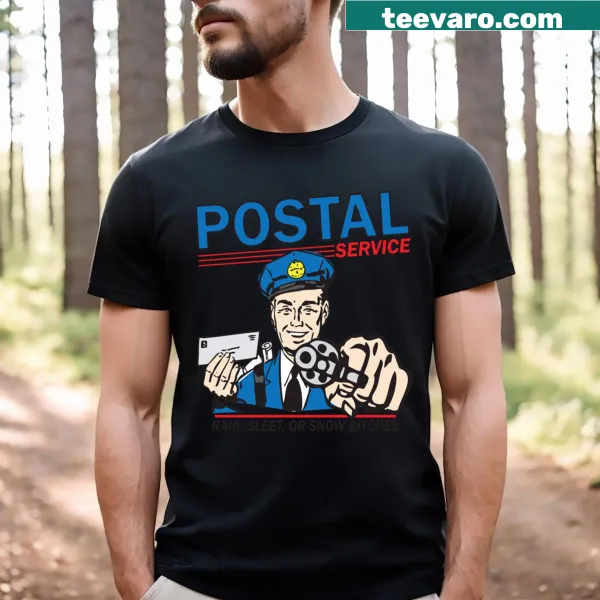 Humorous t-shirt celebrating postal workers with clever text design.