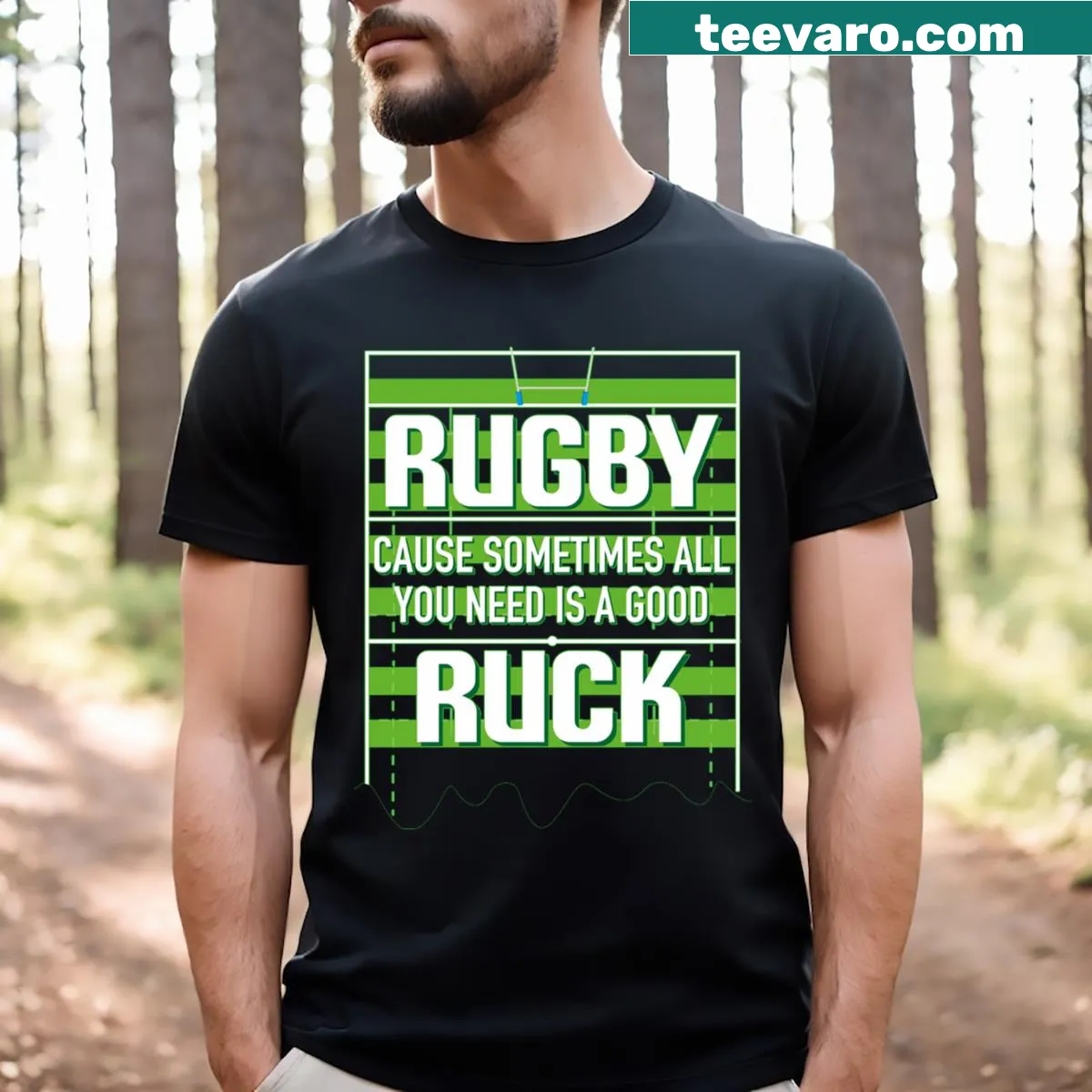 Humorous rugby-themed t-shirt with playful slogan about a good ruck. — on a men's t-shirt