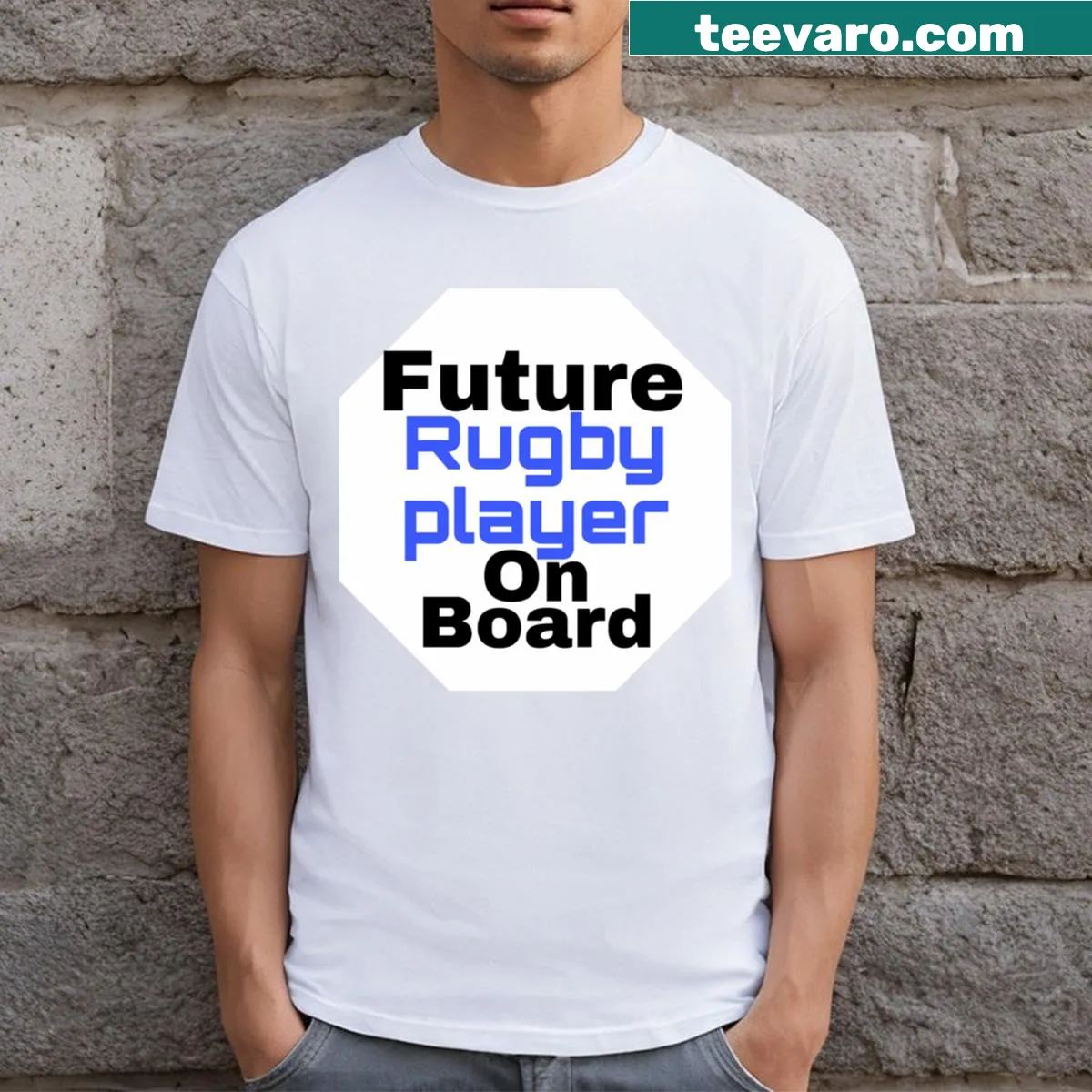 T-shirt featuring a playful graphic stating Future Rugby Player On Board — on a men's t-shirt