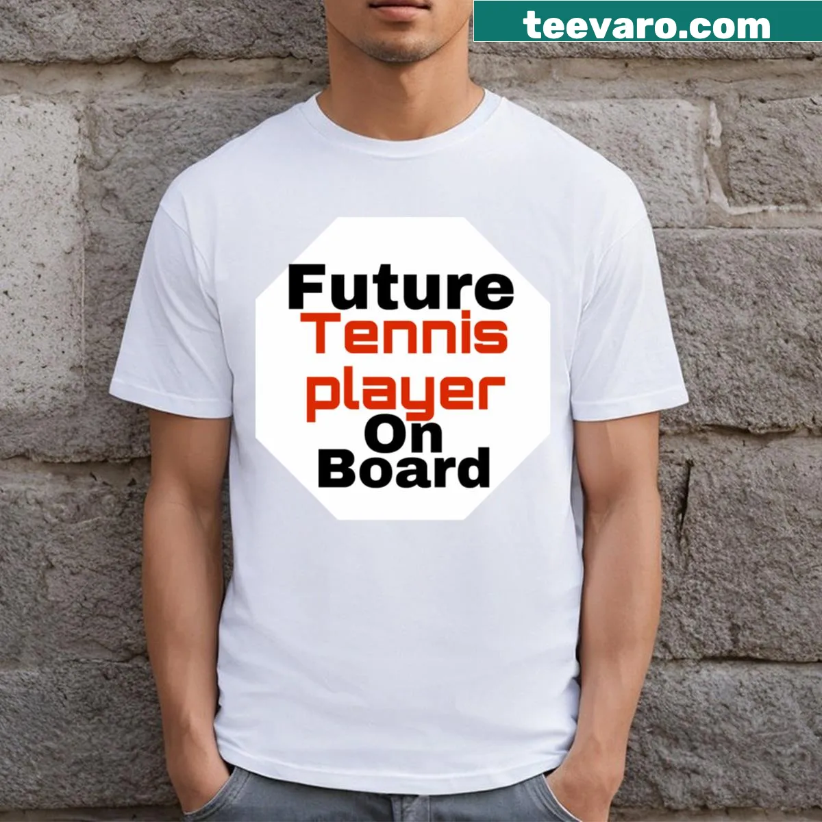 T-shirt proclaiming Future Tennis Player On Board — on a men's t-shirt