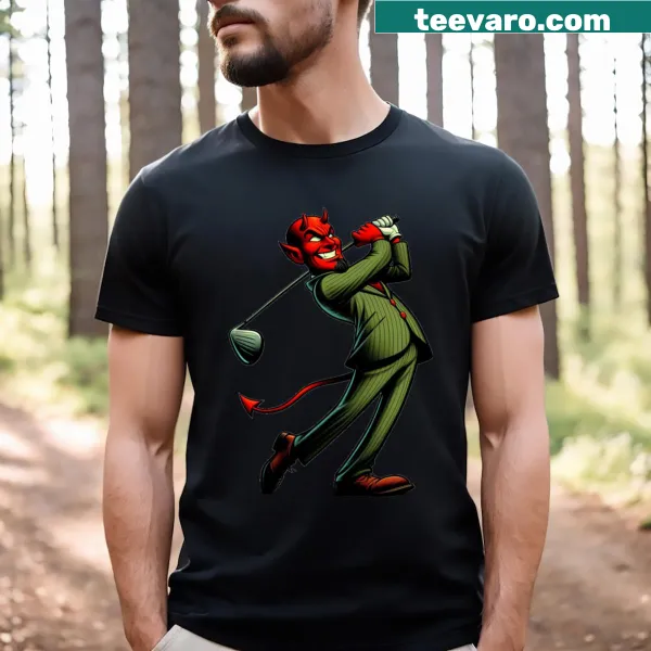 Playful golf t-shirt featuring a devil character illustration