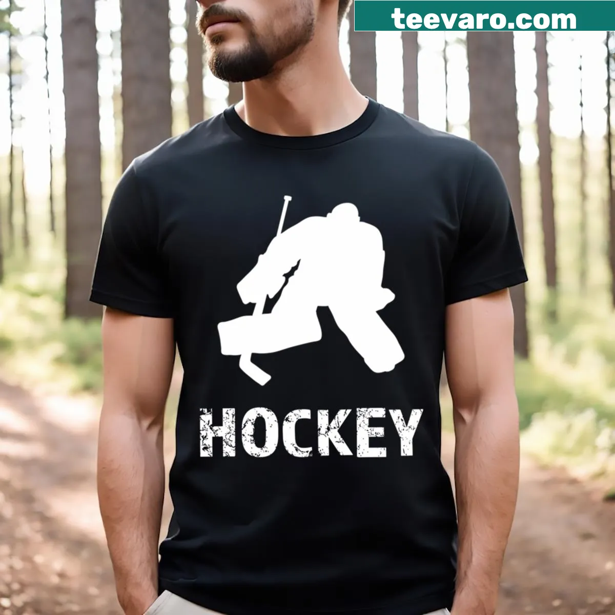 Illustrative Hockey Goalie t-shirt showcasing a goalie in action. — on a men's t-shirt