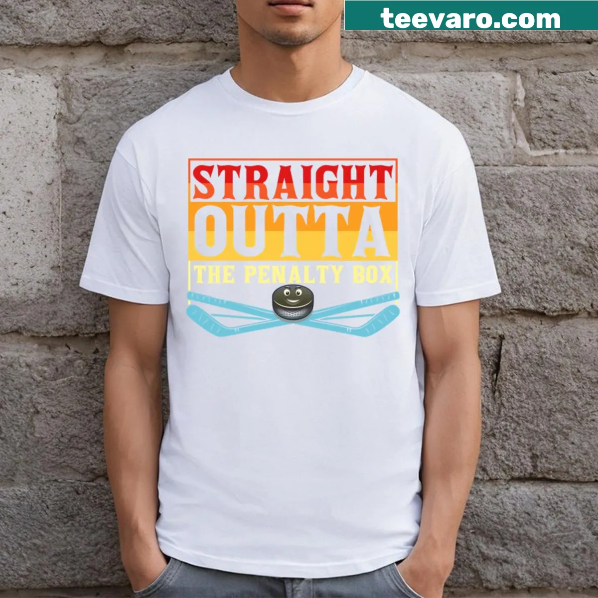 Humorous Hockey Penalty Box t-shirt graphic for hockey fans — on a men's t-shirt
