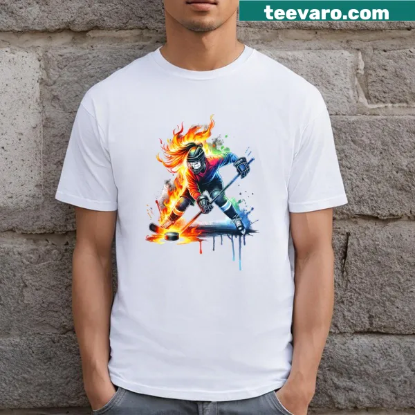 Dynamic hockey player design with flames on t-shirt