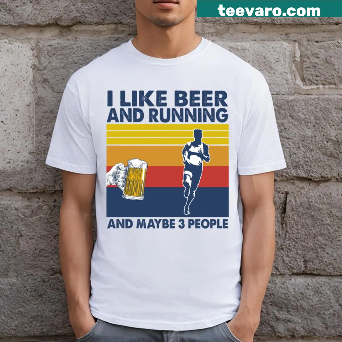 Funny t-shirt expressing love for beer, running, and a few friends. — on a men's t-shirt