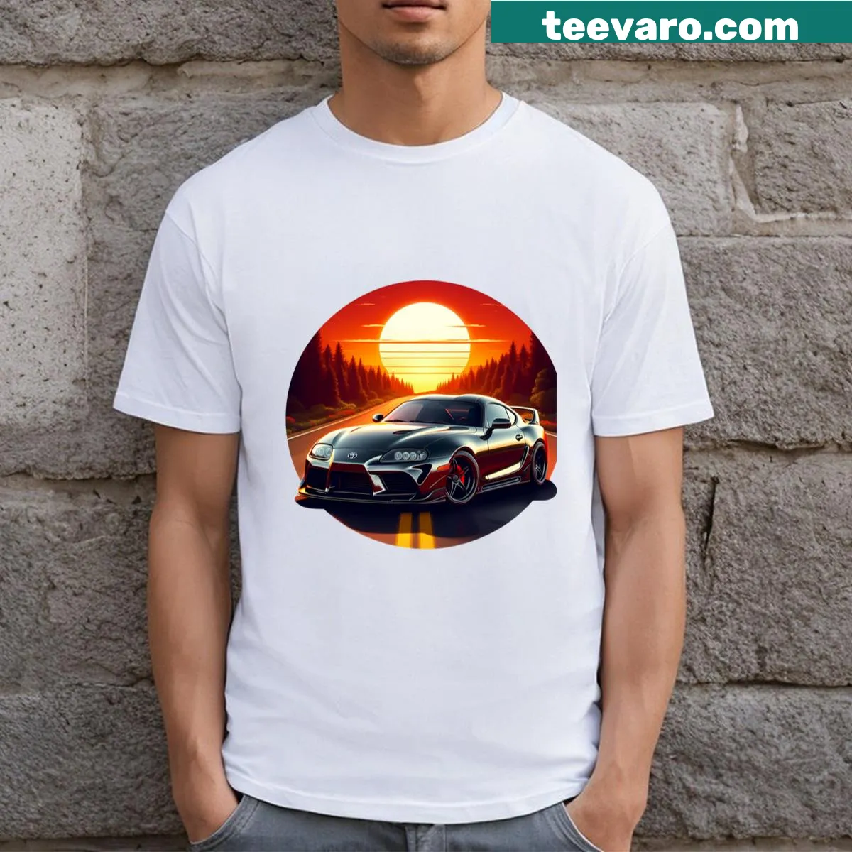 JDM-themed T-shirt with graphic of Japanese cars — on a men's t-shirt
