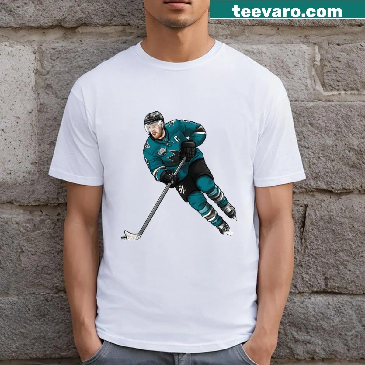 T-shirt featuring Joe Pavelski and San Jose Sharks logo — on a men's t-shirt