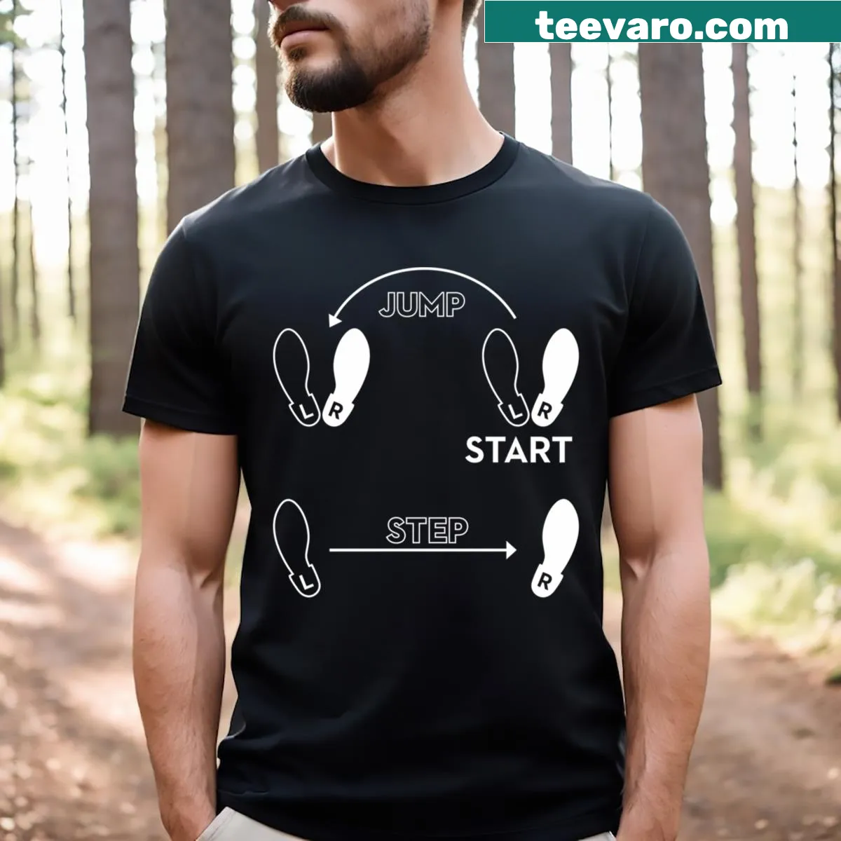 Motivational T-shirt with 'Jump Start Step' text — on a men's t-shirt