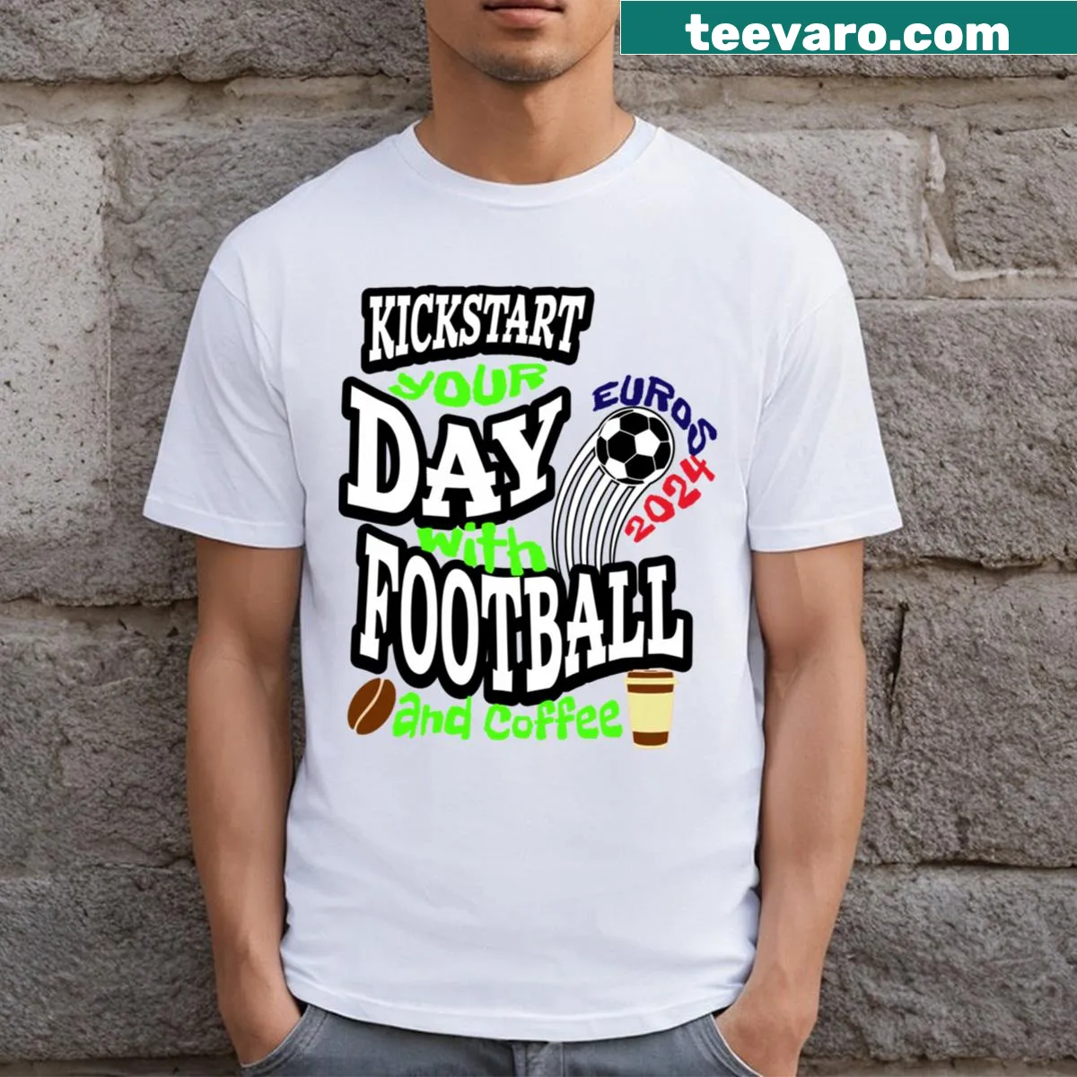 Football Coffee T-shirt with motivational text — on a men's t-shirt