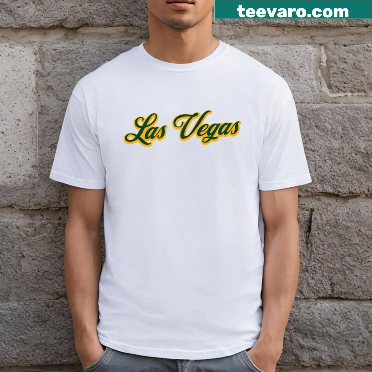 Bold graphic Las Vegas T-shirt celebrating the city's spirit — on a men's t-shirt
