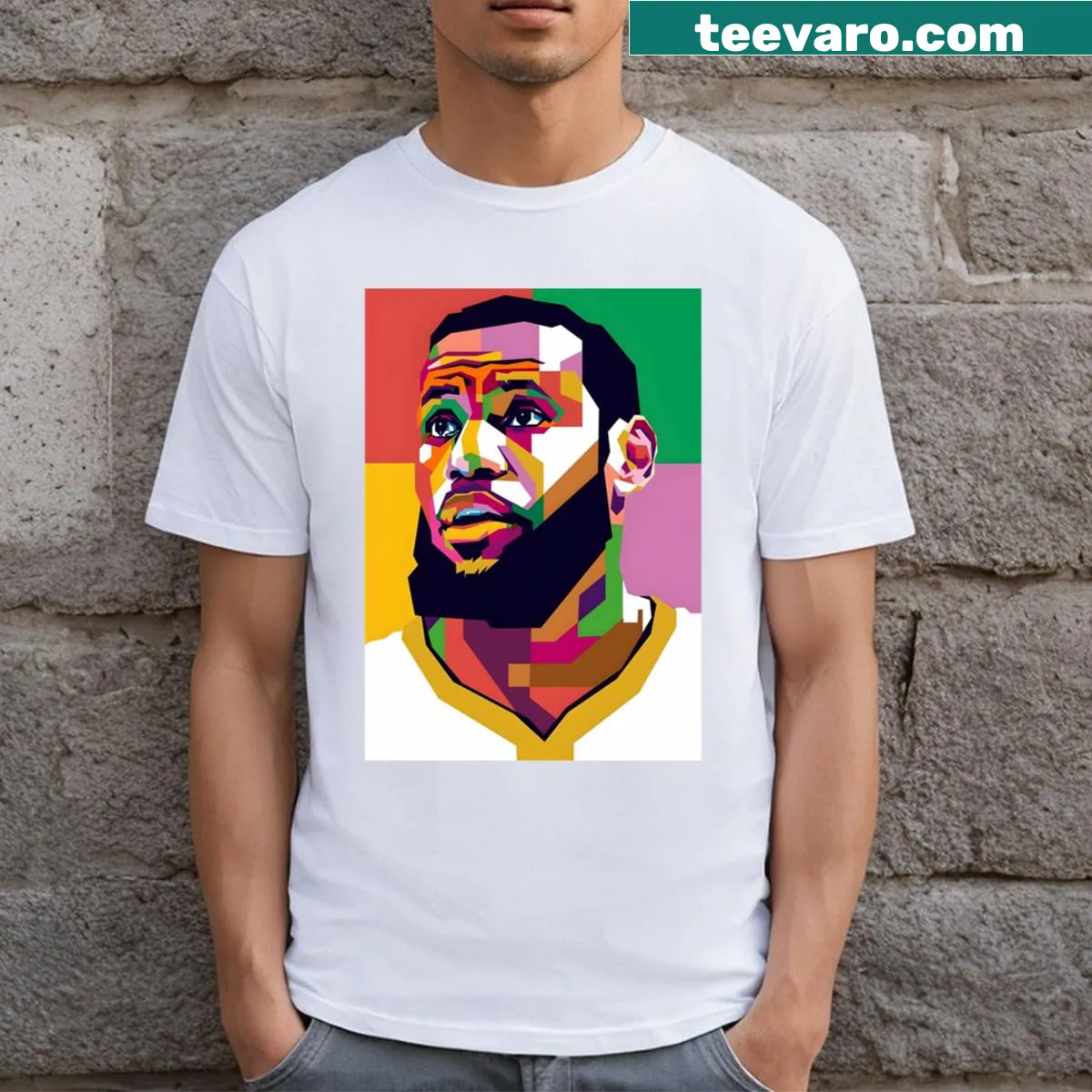Pop art t-shirt featuring LeBron James in a dynamic design — on a men's t-shirt