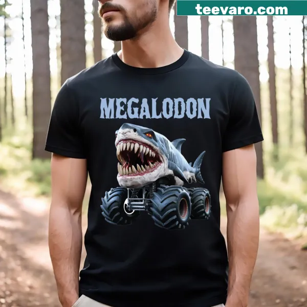 Illustrated T-shirt featuring a Megalodon shark graphic